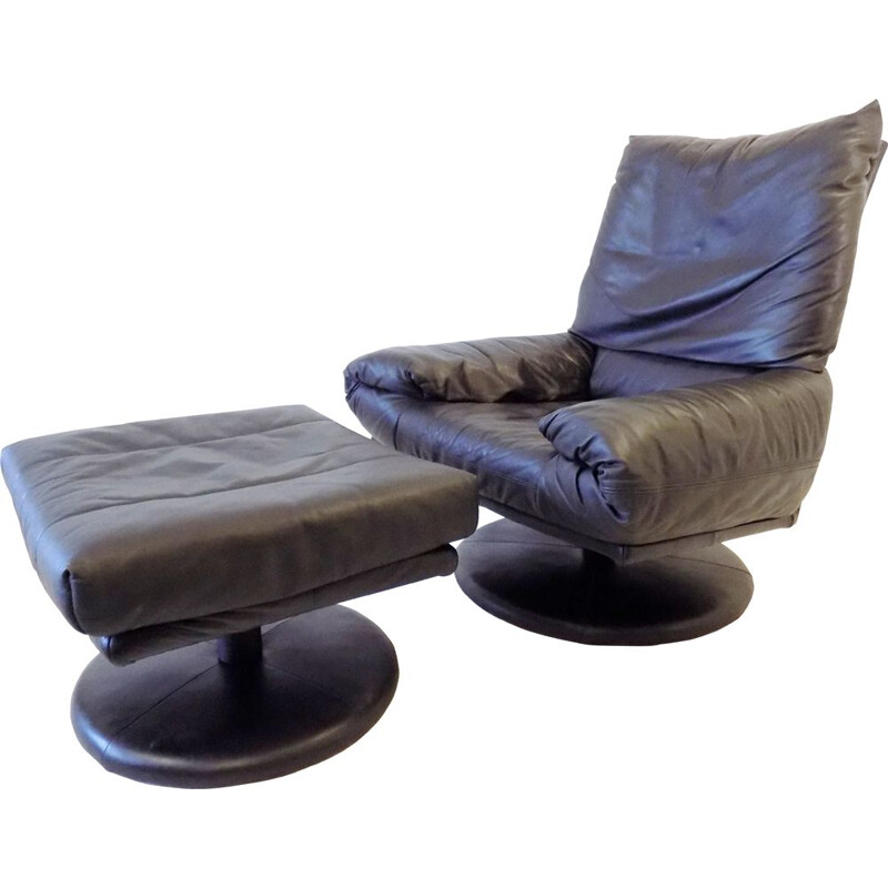 Vintage Forum black leather armchair with ottoman by Rolf Benzbmp