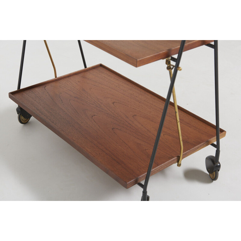 Vintage black steel and teak serving trolley, 1950s