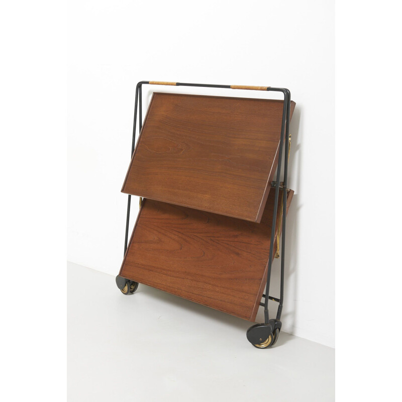 Vintage black steel and teak serving trolley, 1950s