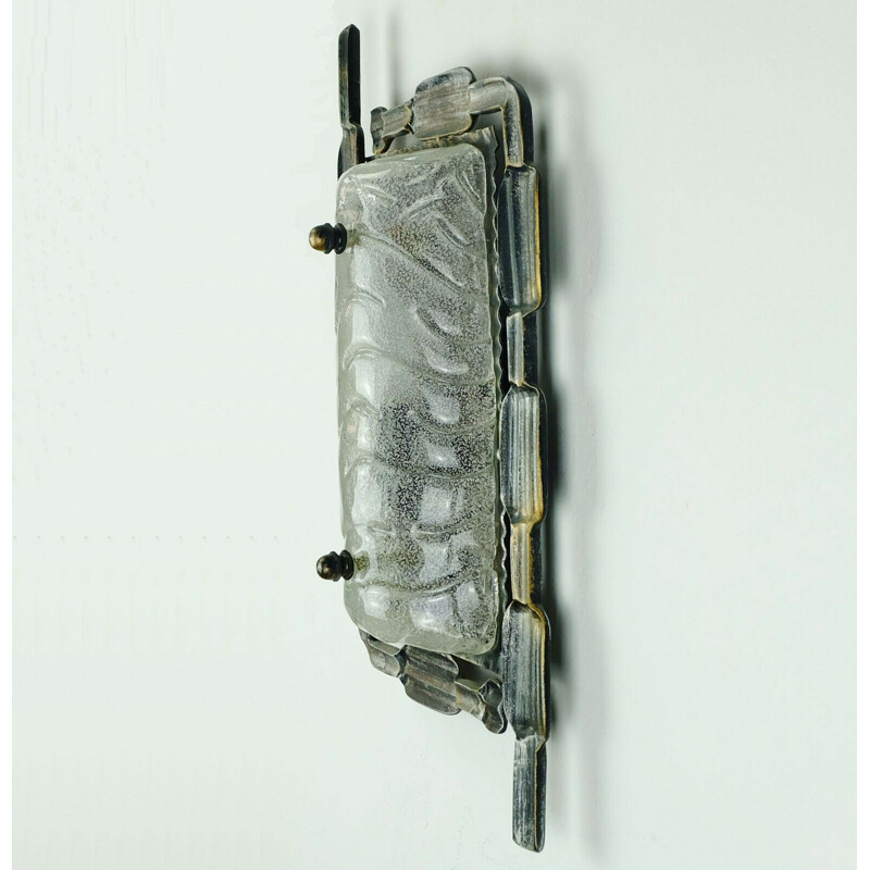 Vintage brutalist wall light in wrought iron and iceglass, 1960s