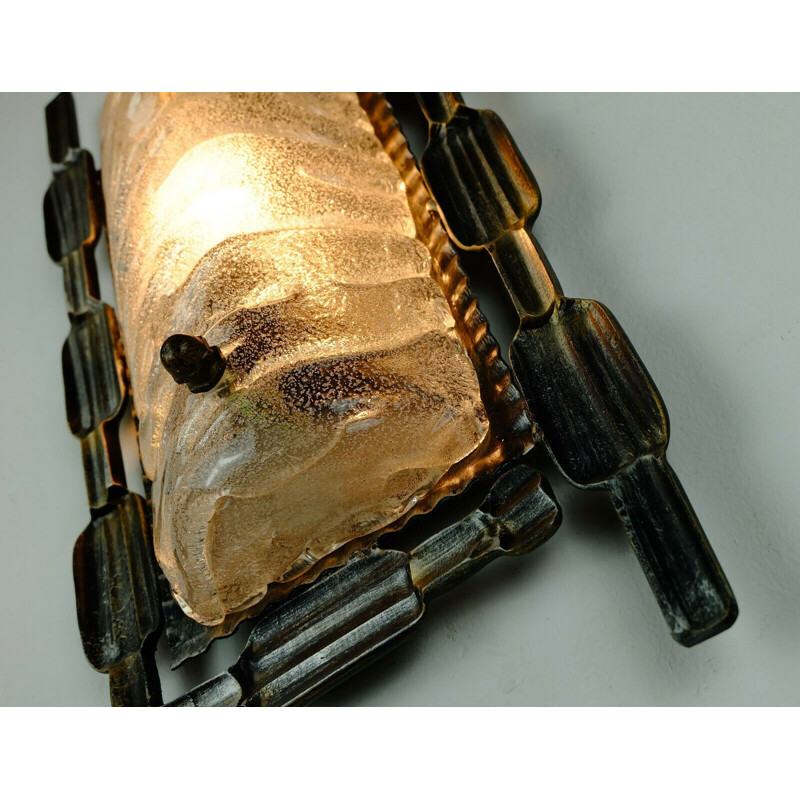Vintage brutalist wall light in wrought iron and iceglass, 1960s