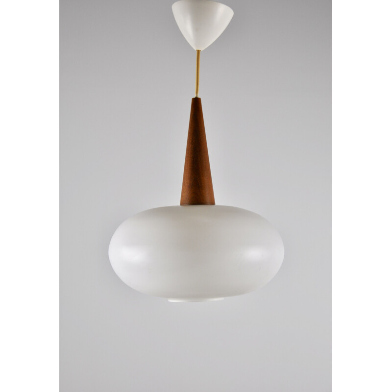 Vintage wooden and opaline pendant lamp by Philips, 1960s