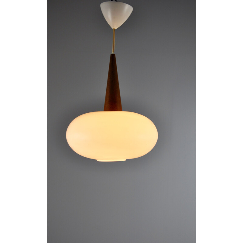Vintage wooden and opaline pendant lamp by Philips, 1960s