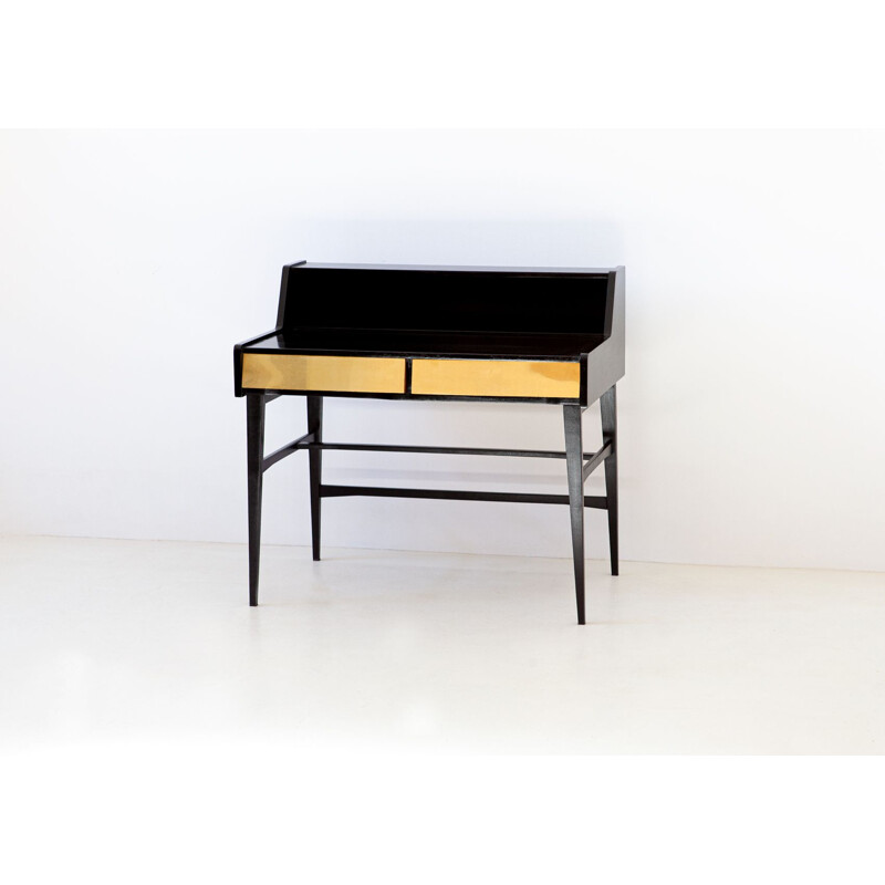 Vintage Black Writing Desk with Brass Drawers, Italy