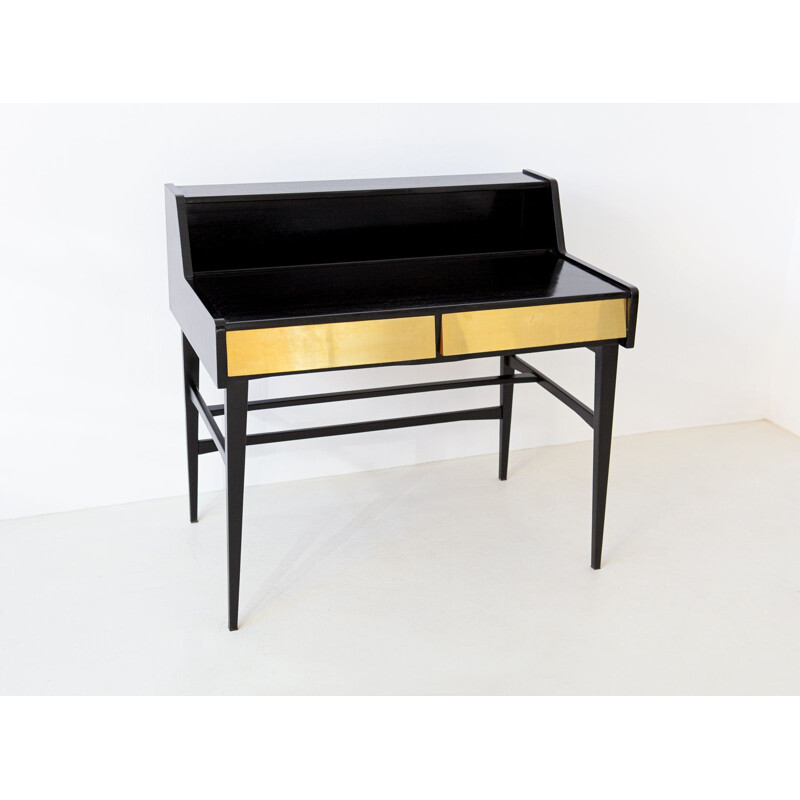 Vintage Black Writing Desk with Brass Drawers, Italy