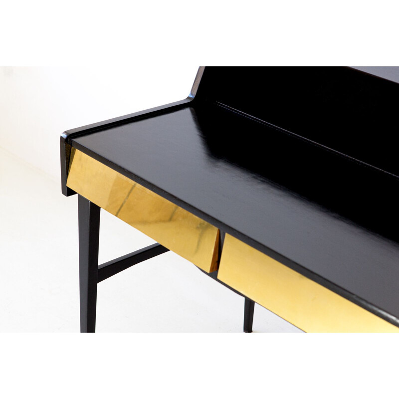 Vintage Black Writing Desk with Brass Drawers, Italy