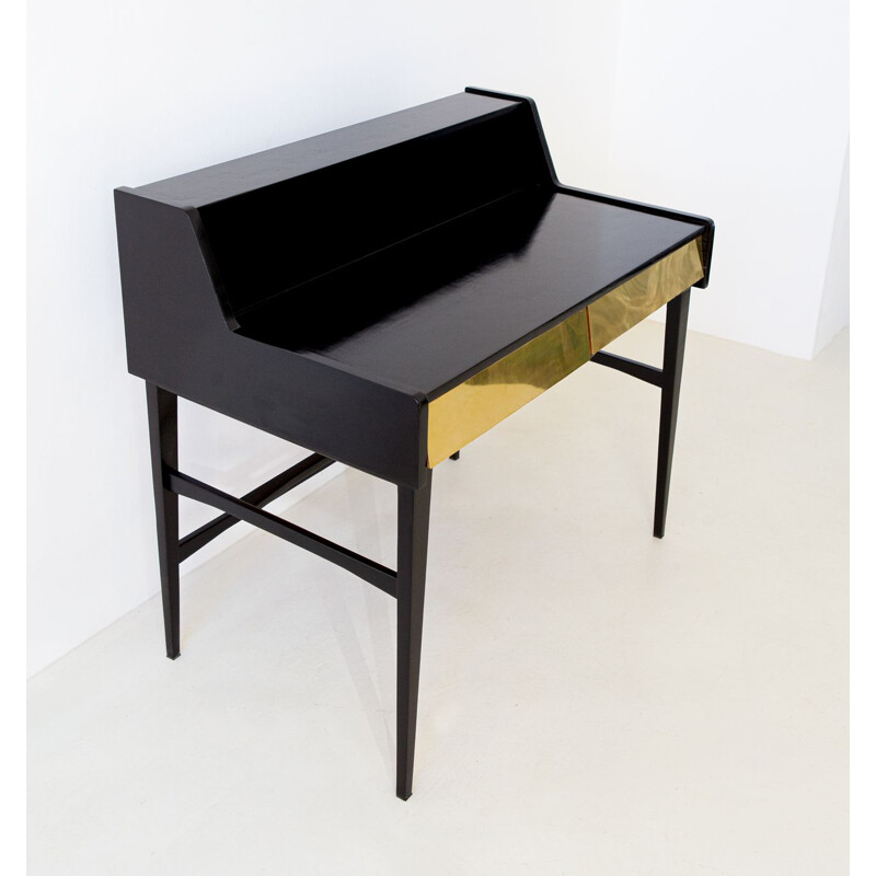 Bureau d'écriture noir vintage avec tiroirs en laiton, Italie