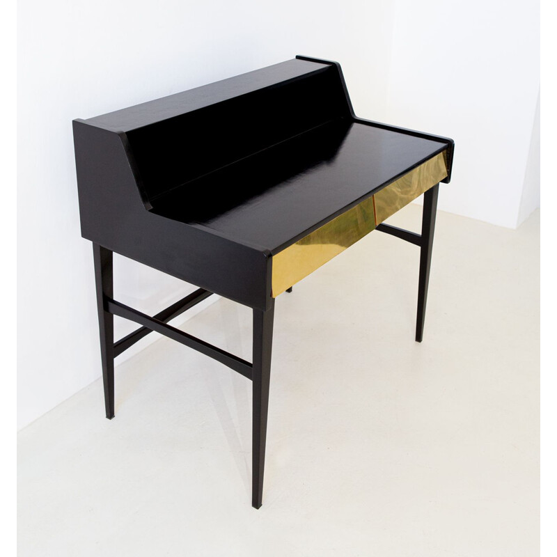 Vintage Black Writing Desk with Brass Drawers, Italy