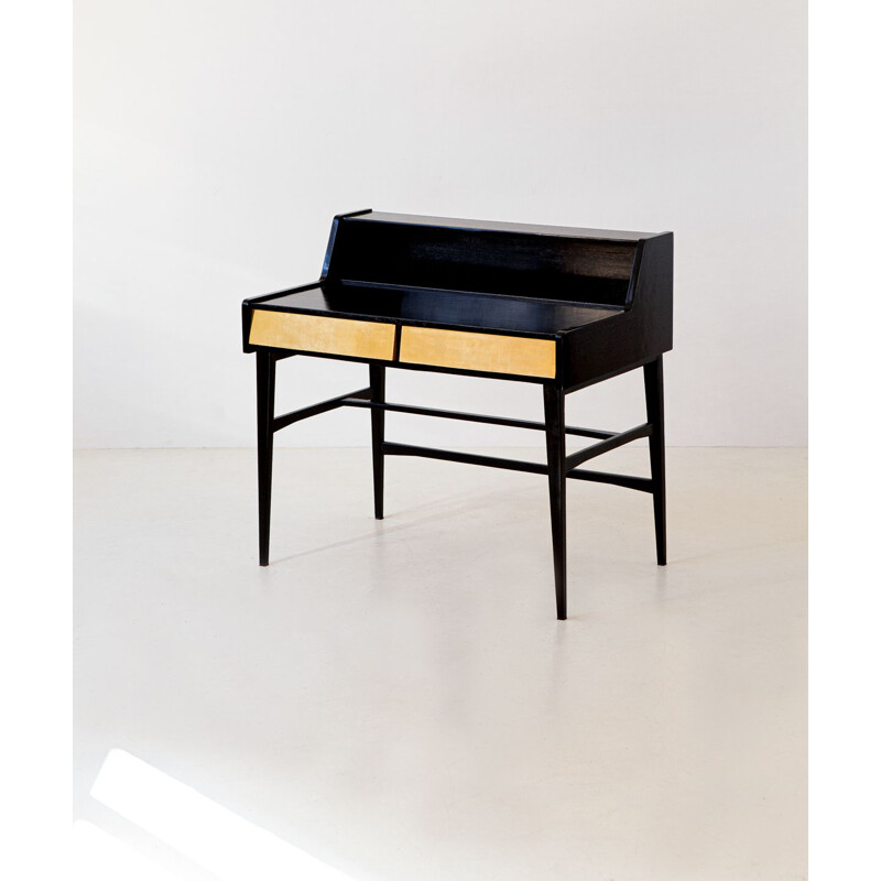 Vintage Black Writing Desk with Brass Drawers, Italy