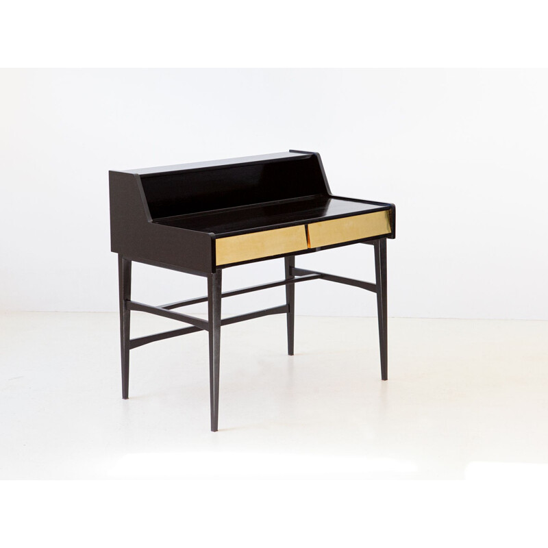 Vintage Black Writing Desk with Brass Drawers, Italy