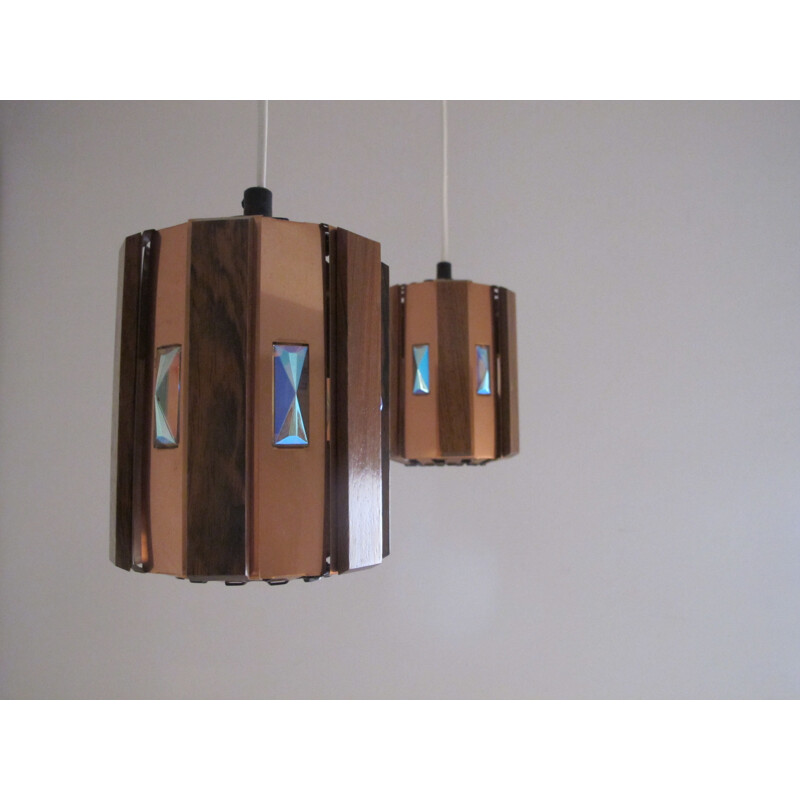 Pair of hanging lamps in copper and rosewood, Werner SCHOU - 1960s