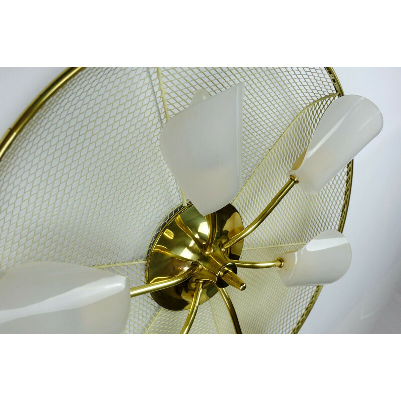 Vintage large ceiling lamp in metal wire and brass with 6 white acrylic shades, 1950