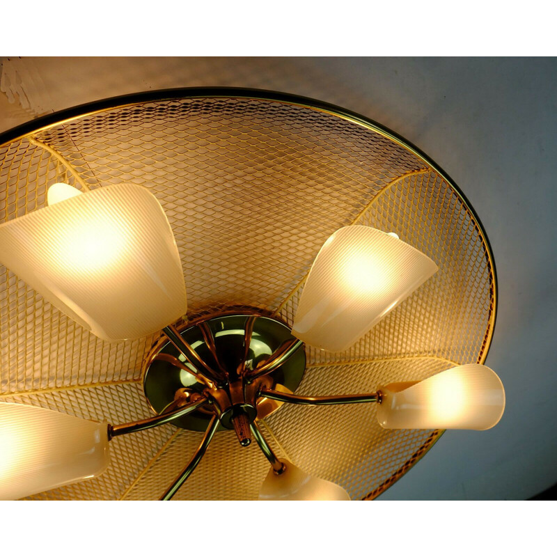 Vintage large ceiling lamp in metal wire and brass with 6 white acrylic shades, 1950