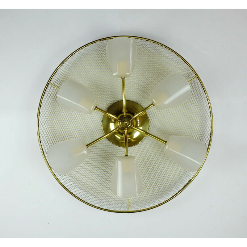 Vintage large ceiling lamp in metal wire and brass with 6 white acrylic shades, 1950