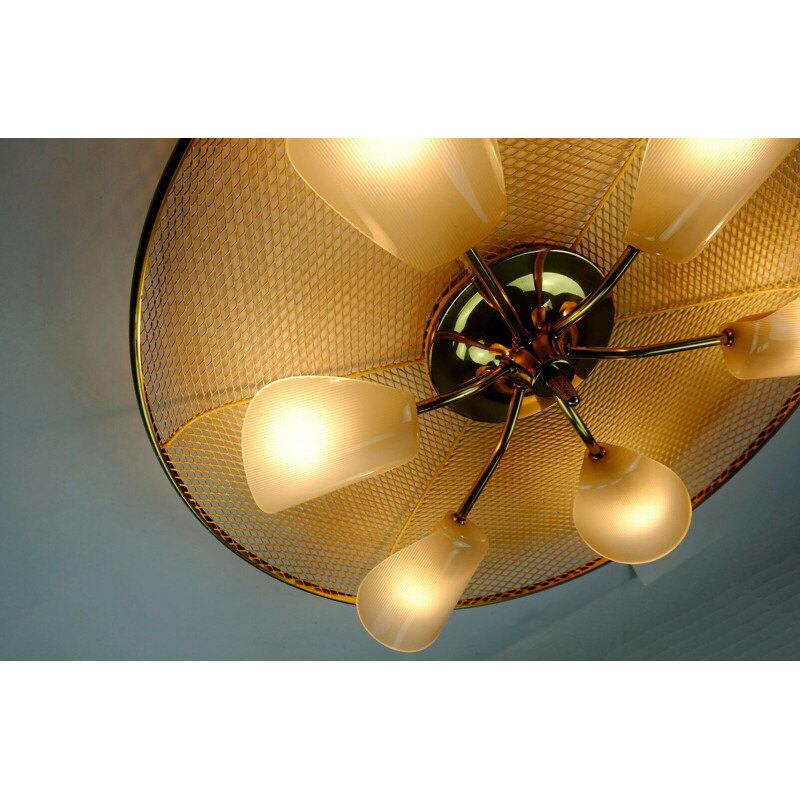 Vintage large ceiling lamp in metal wire and brass with 6 white acrylic shades, 1950