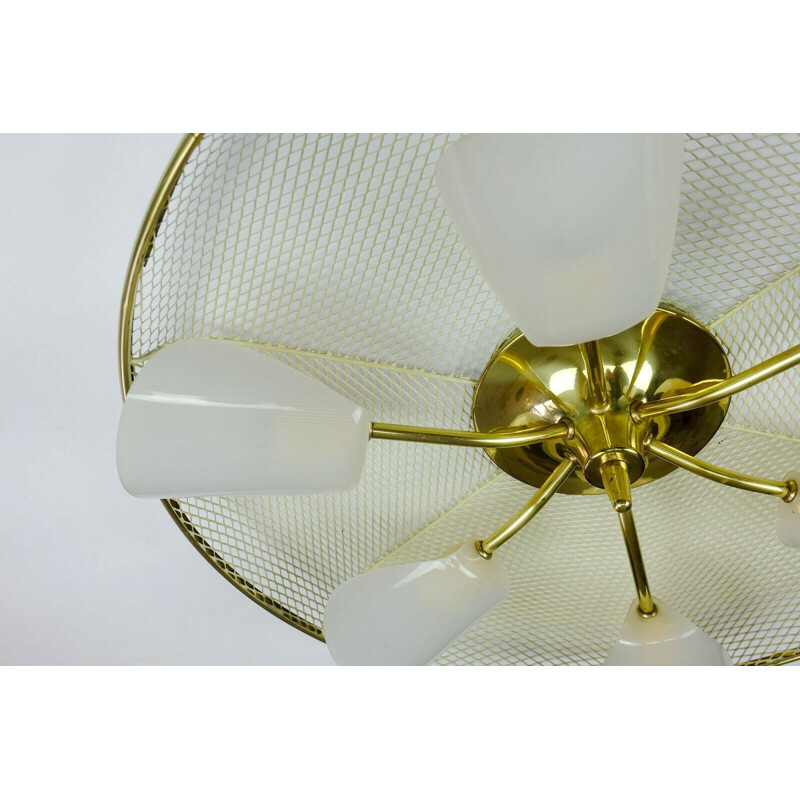 Vintage large ceiling lamp in metal wire and brass with 6 white acrylic shades, 1950