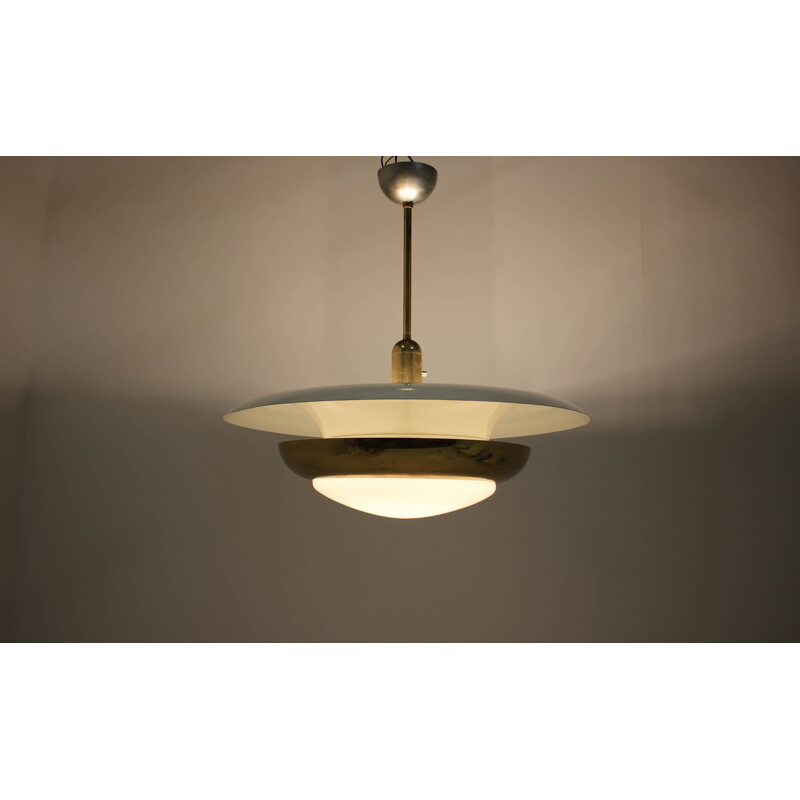 Grand lustre vintage du Bauhaus avec une ampoule centrale réglable et deux lumières indirectes