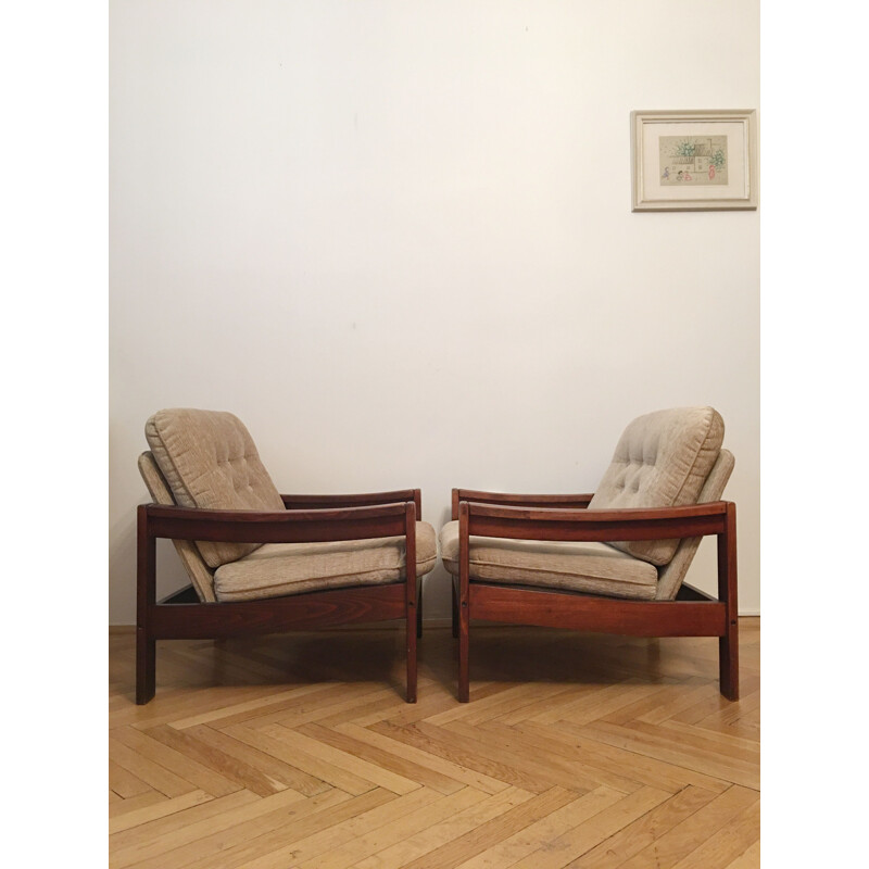 Set van 2 fauteuils en 1 kruk, bruin, 1960