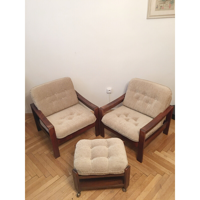 Set van 2 fauteuils en 1 kruk, bruin, 1960