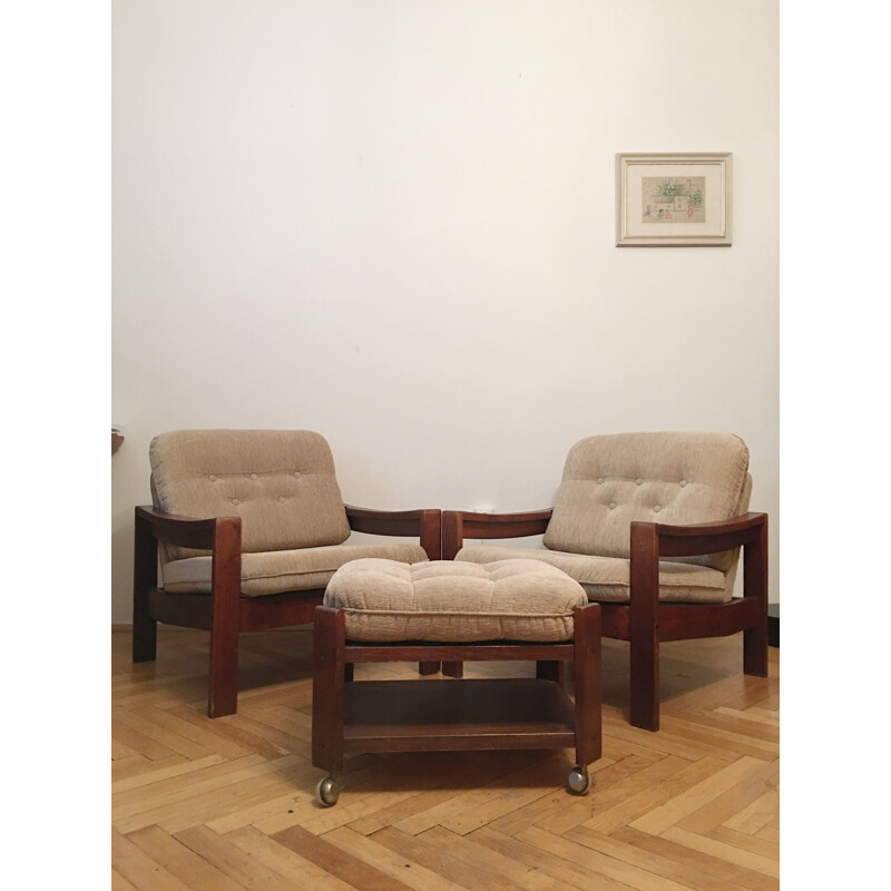 Vintage set of armchairs with one stool in nude brown, 1960