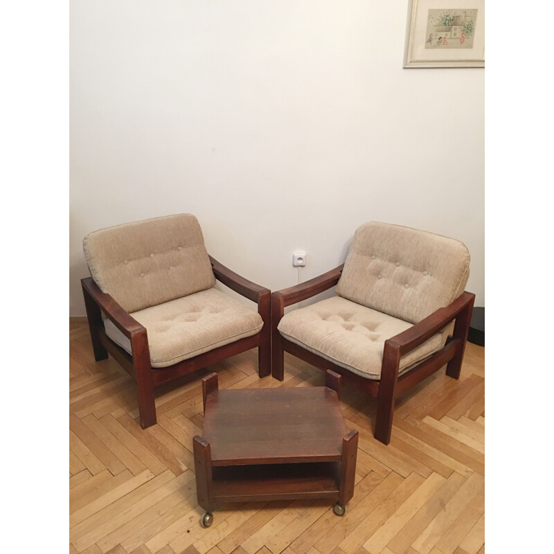 Set van 2 fauteuils en 1 kruk, bruin, 1960