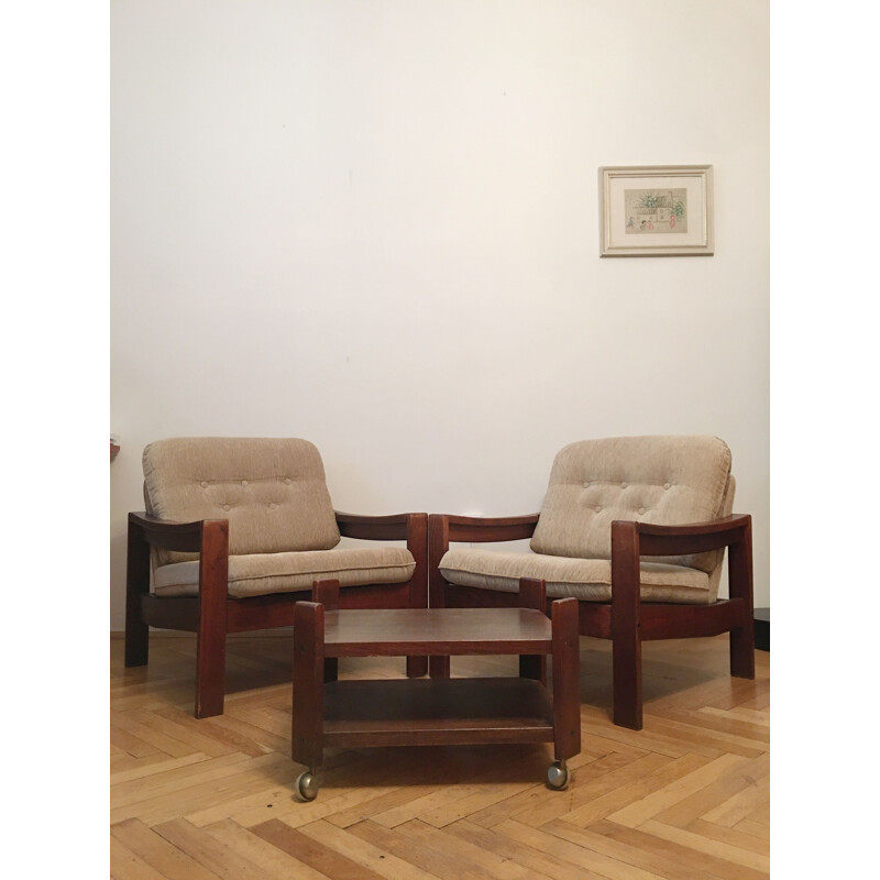 Ensemble de 2 fauteuils et 1 tabouret de couleur marron, 1960