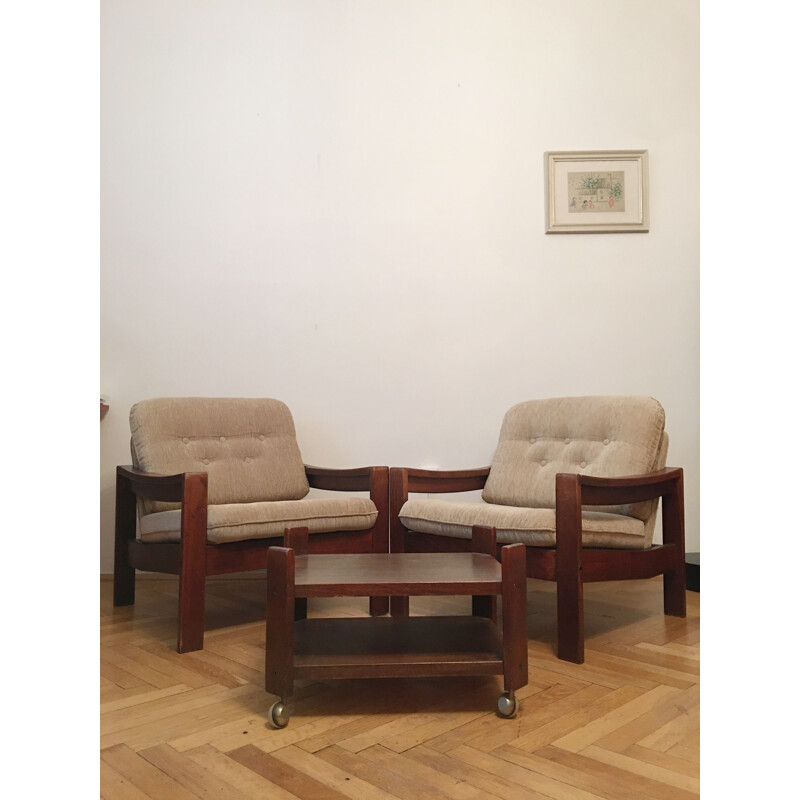 Set van 2 fauteuils en 1 kruk, bruin, 1960