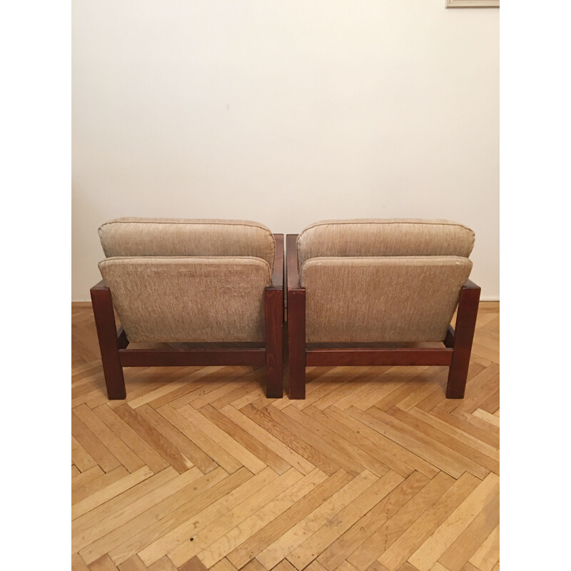 Ensemble de 2 fauteuils et 1 tabouret de couleur marron, 1960