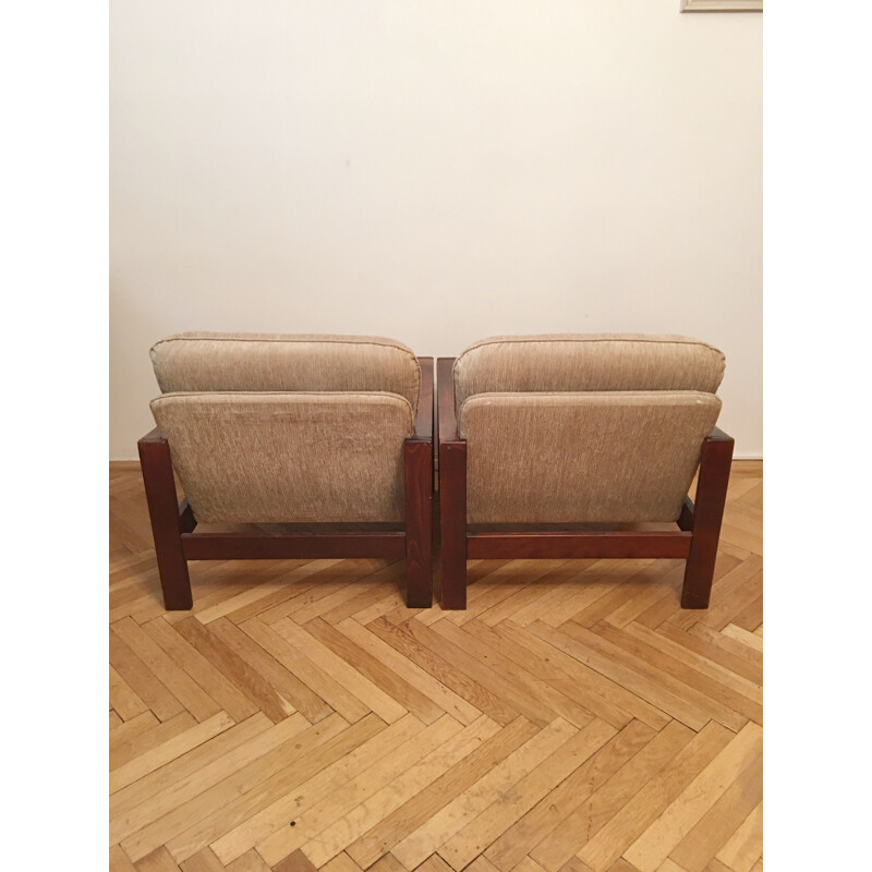 Set van 2 fauteuils en 1 kruk, bruin, 1960