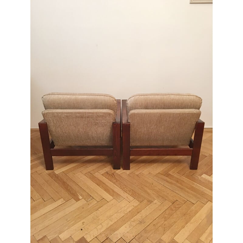 Vintage set of armchairs with one stool in nude brown, 1960