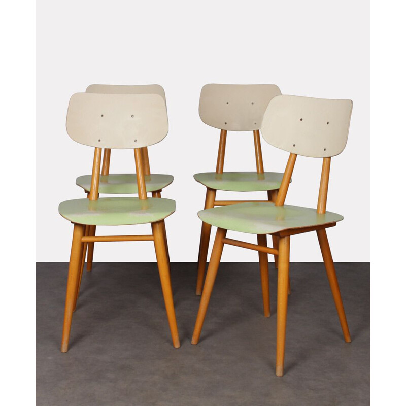 Suite of 4 vintage beige and green chairs edited by Ton, 1960