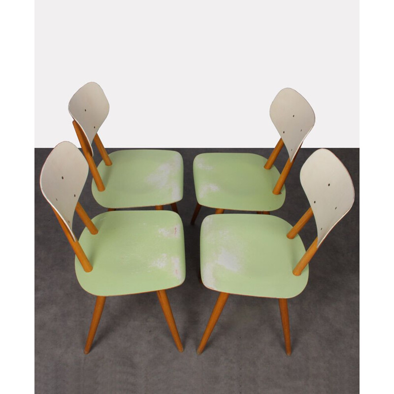 Suite de 4 chaises vintage beiges et vertes éditées par Ton, 1960