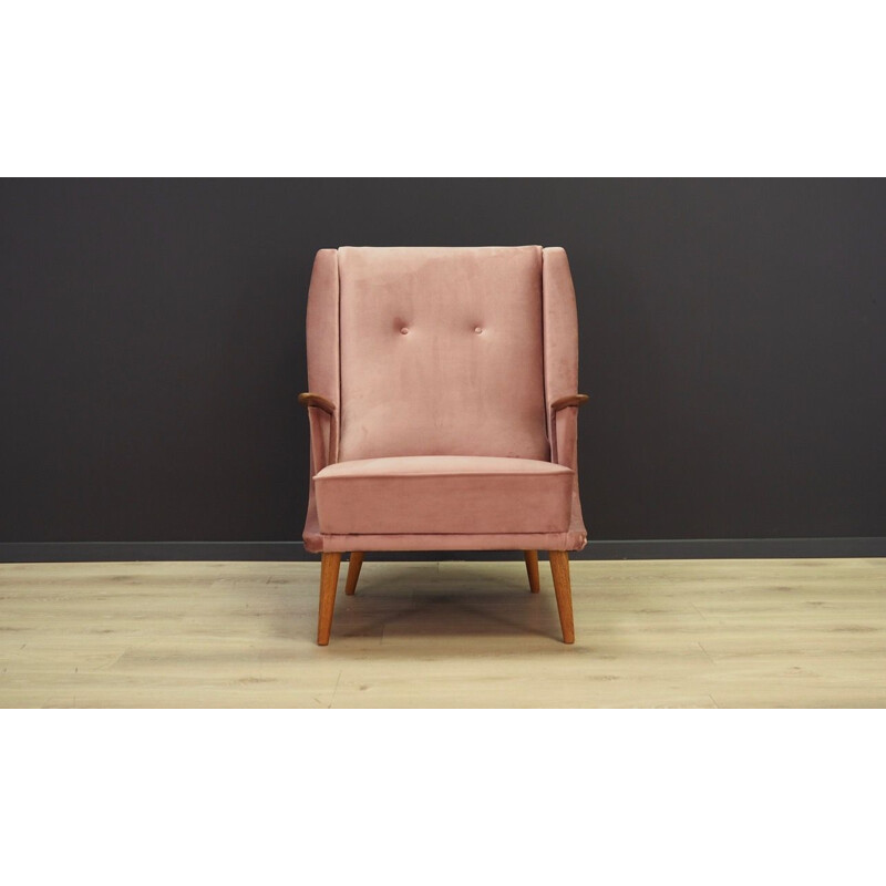 Vintage pink velvet and teak armchair, Denmark, 1960-70s