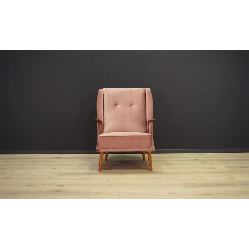 Vintage pink velvet and teak armchair, Denmark, 1960-70s