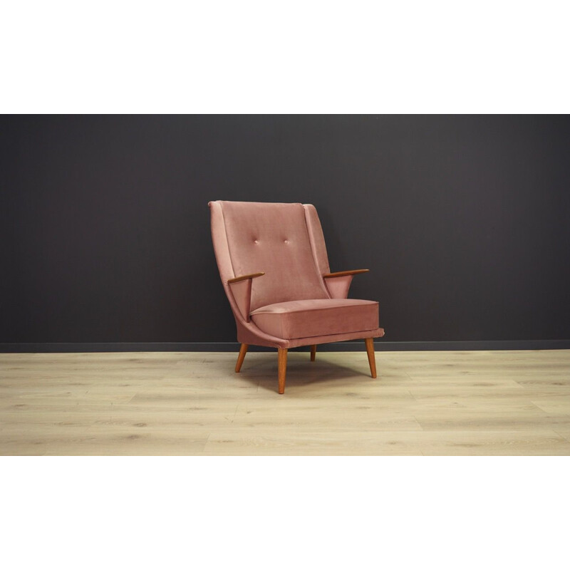 Vintage pink velvet and teak armchair, Denmark, 1960-70s