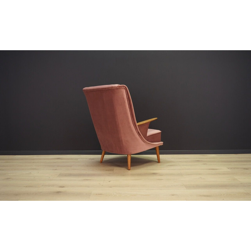 Vintage pink velvet and teak armchair, Denmark, 1960-70s