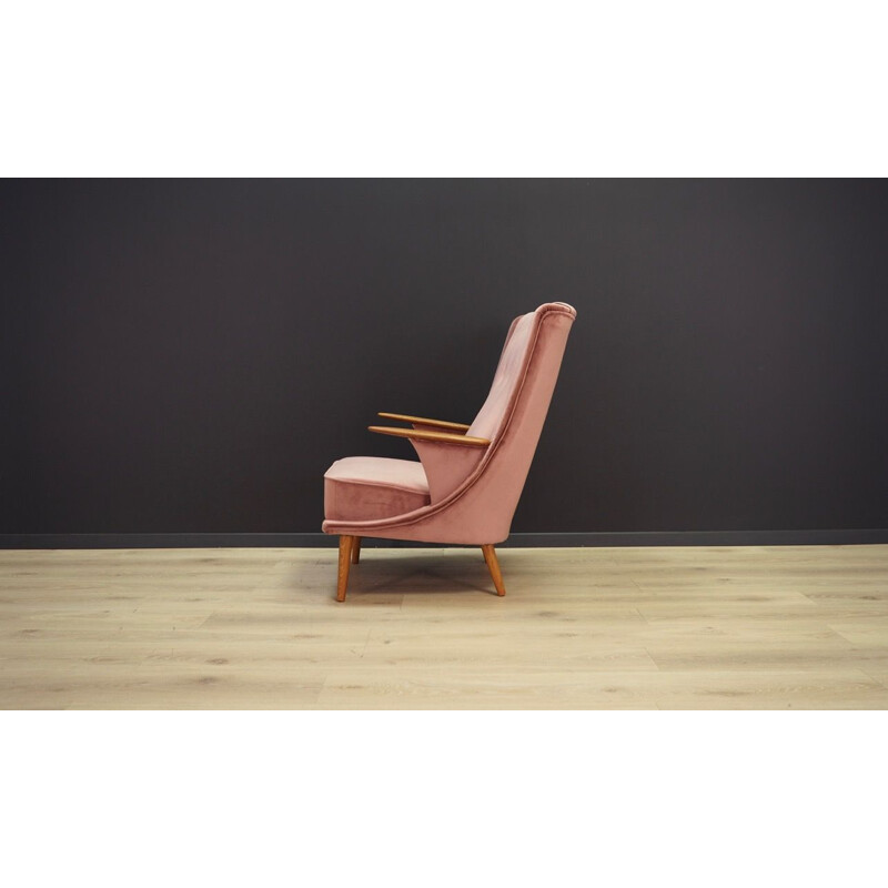 Vintage pink velvet and teak armchair, Denmark, 1960-70s