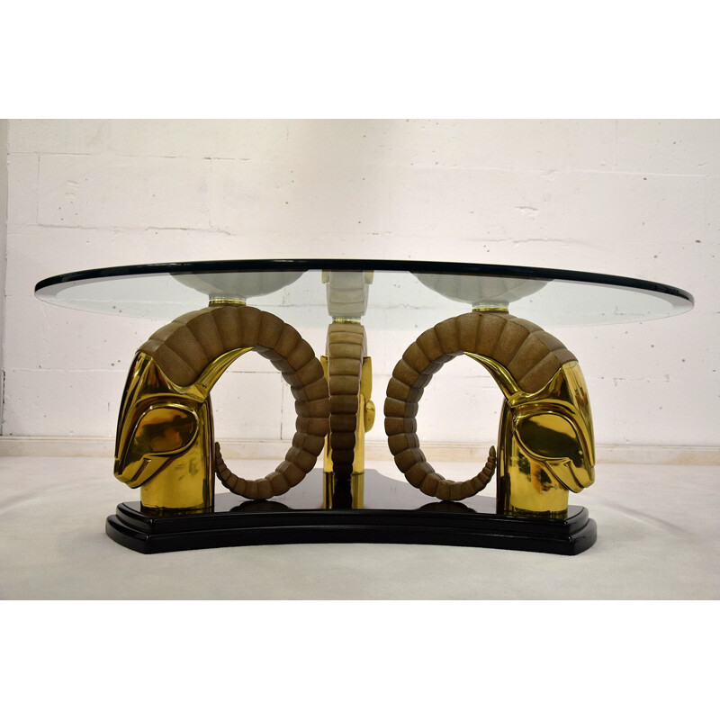 Vintage Hollywood Regency brass and glass coffee table, 1970
