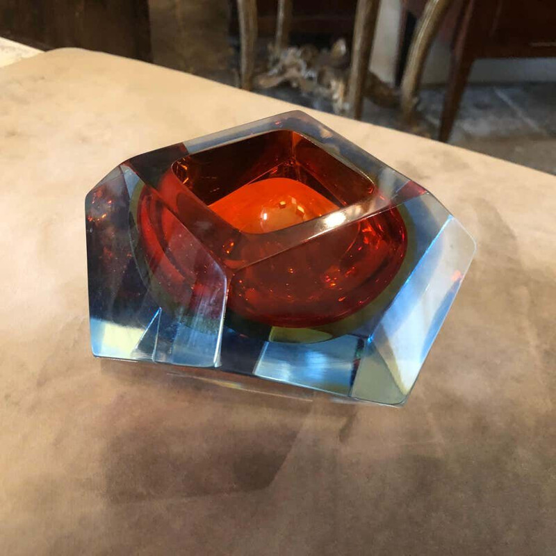 Vintage Sommerso faceted murano glass ashtray, 1970