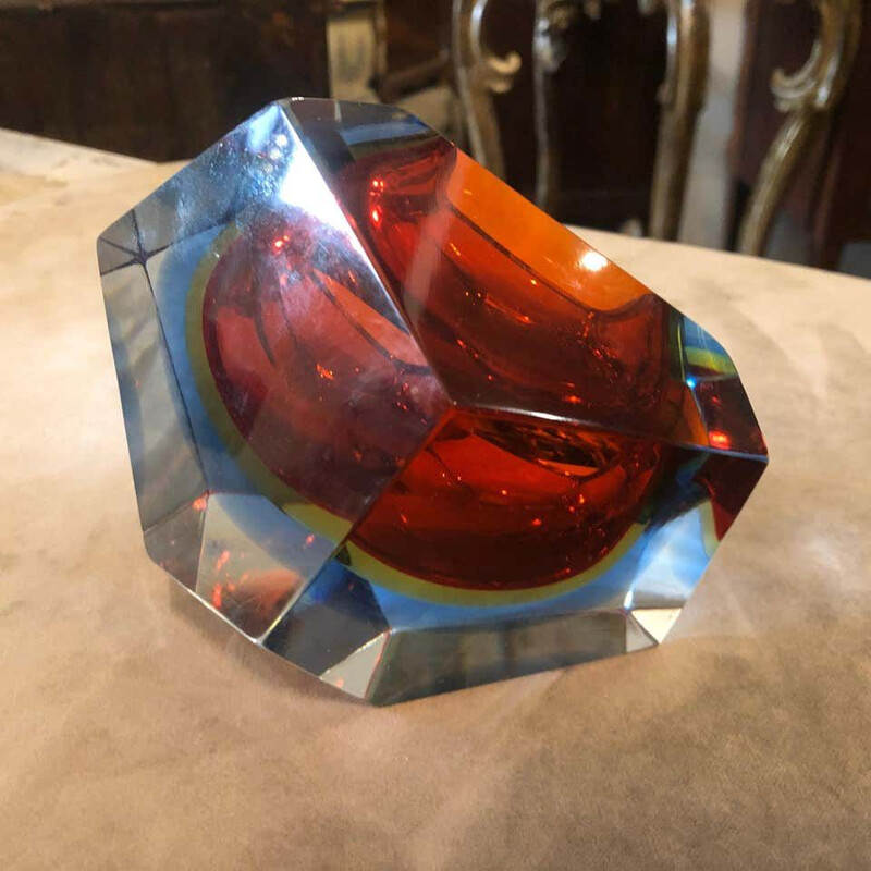 Vintage Sommerso faceted murano glass ashtray, 1970