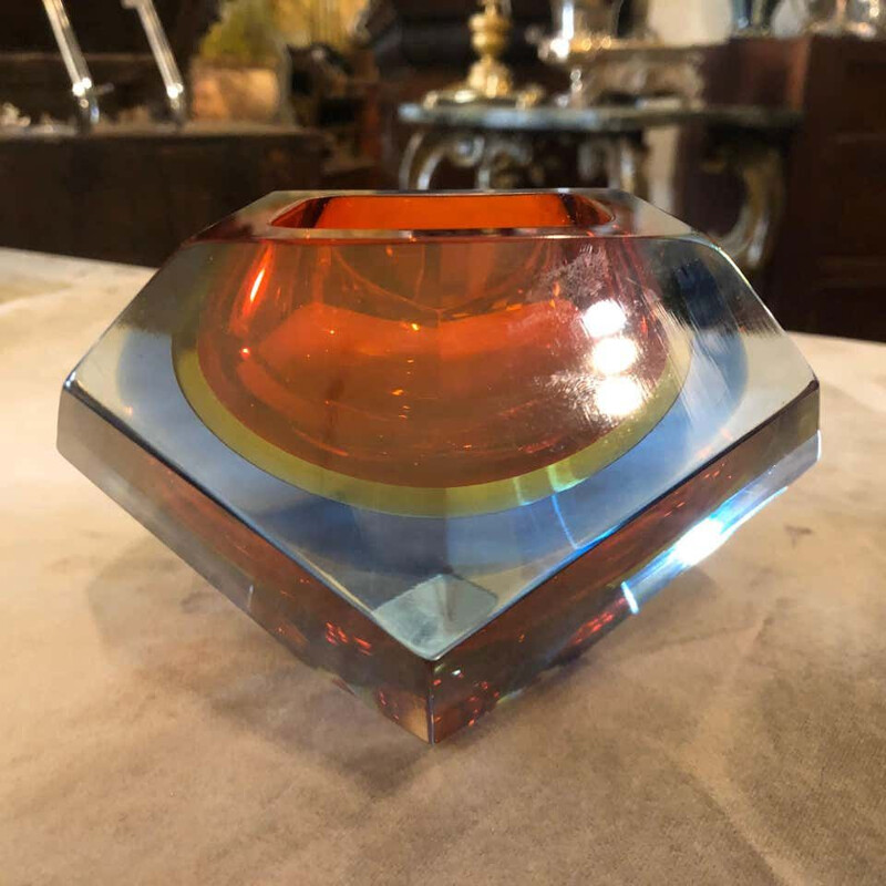 Vintage Sommerso faceted murano glass ashtray, 1970