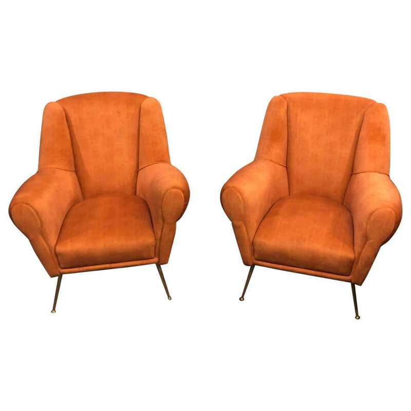 Set of 2 vintage Brass and Orange Velvet Armchairs, 1960s