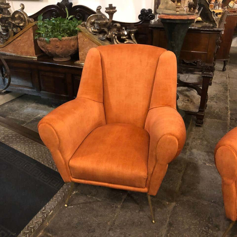 Ensemble de 2 fauteuils vintage en laiton et velours orange, 1960