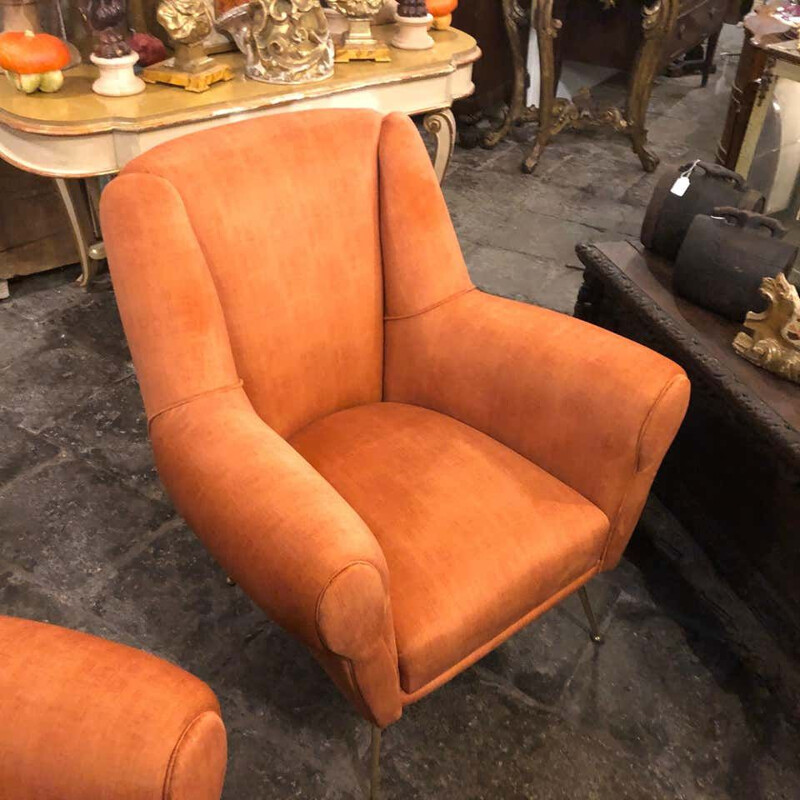 Set of 2 vintage Brass and Orange Velvet Armchairs, 1960s