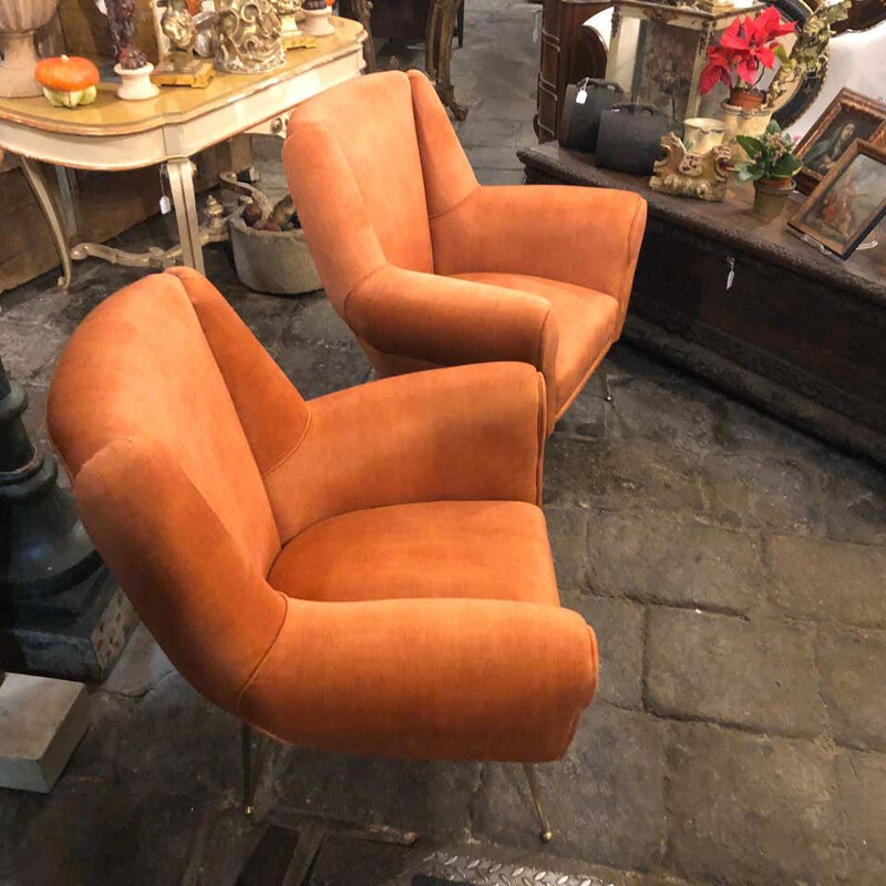 Set of 2 vintage Brass and Orange Velvet Armchairs, 1960s