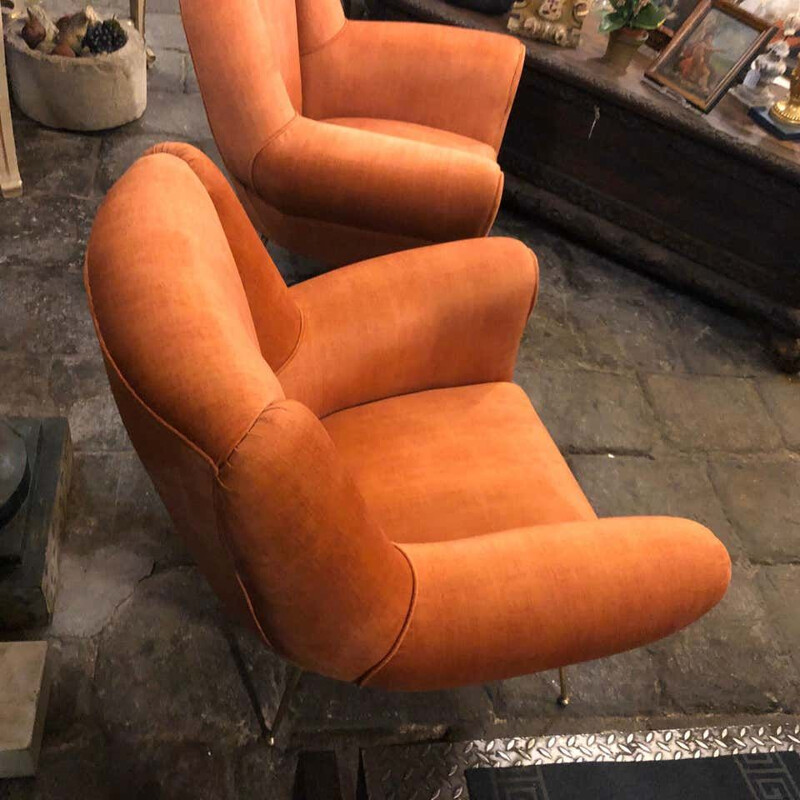 Ensemble de 2 fauteuils vintage en laiton et velours orange, 1960