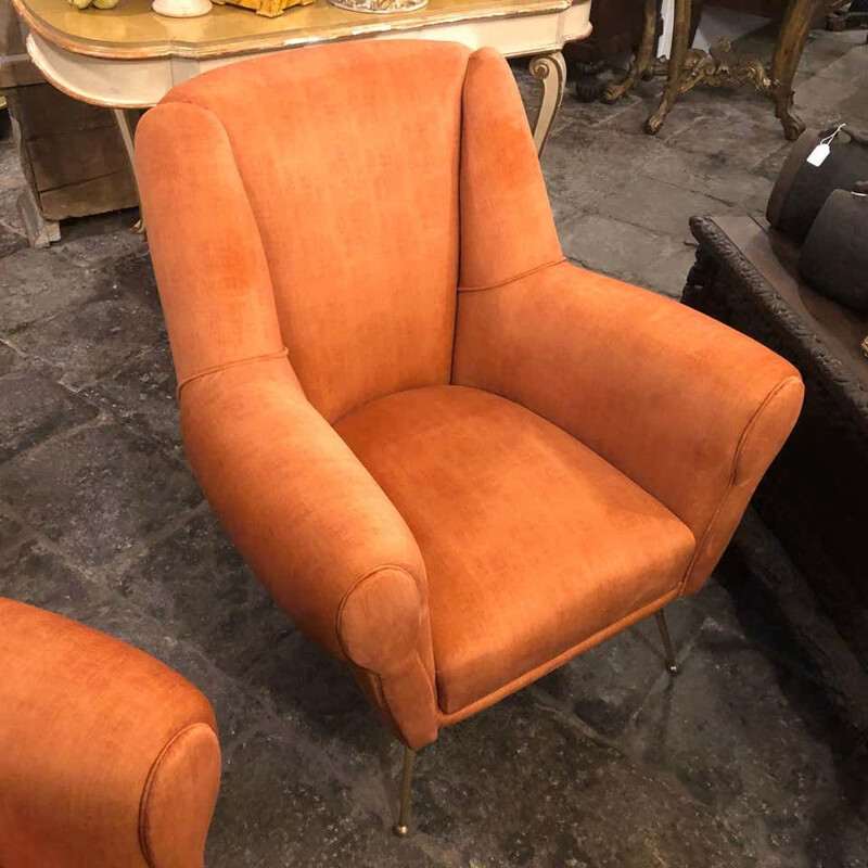 Ensemble de 2 fauteuils vintage en laiton et velours orange, 1960