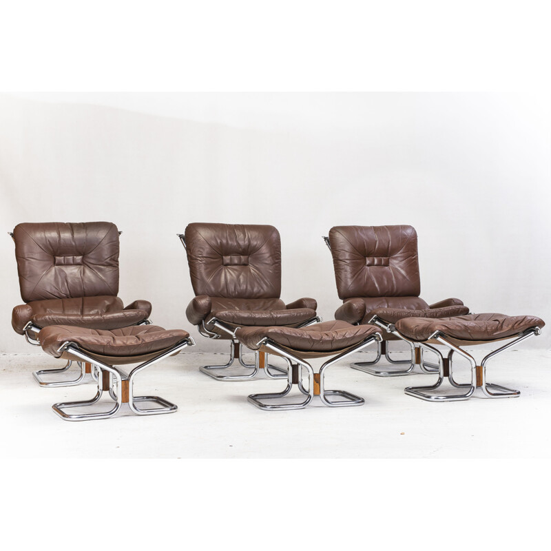 Ensemble de 3 fauteuils et tabourets vintage en chrome et cuir par Ingmar Relling pour Westnofa, 1960