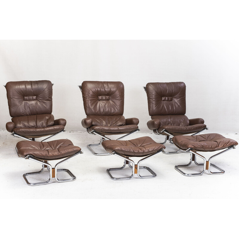Ensemble de 3 fauteuils et tabourets vintage en chrome et cuir par Ingmar Relling pour Westnofa, 1960