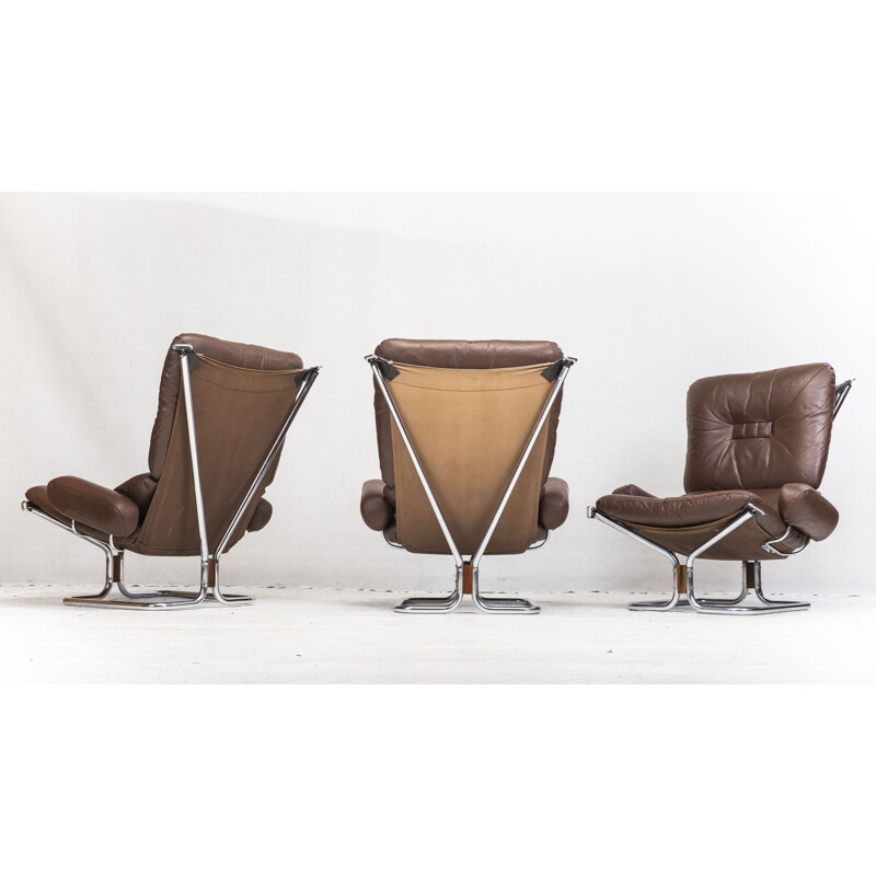 Set of 3 vintage Chrome and Leather armchairs and Ottoman by Ingmar Relling for Westnofa, 1960s